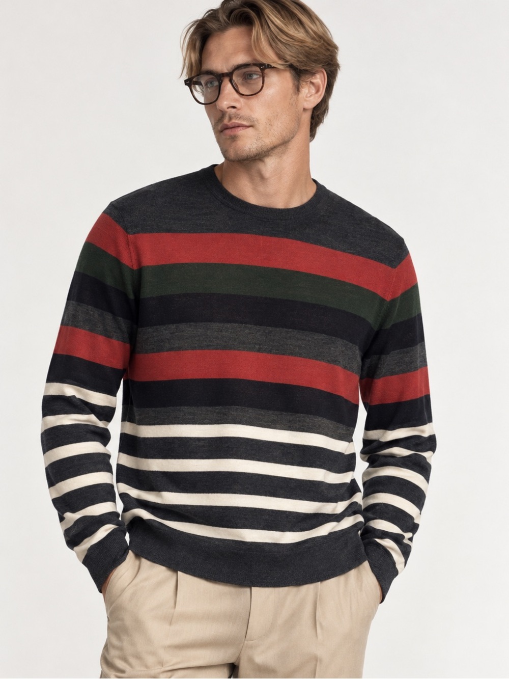 H&M Men's Striped Crewneck Sweater in Black, Red & Green